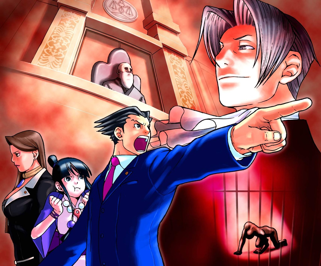 An image from the video game Phoenix Wright: Ace Attorney. Protagonist Phoenix Wright is in the foreground, wearing a blue suit with a red tie and pointing his index finger in his classic "OBJECTION!" stance. Behind Phoenix is Maya Fey, a young woman with black hair making a determined pouting face. Behind her is Mia Fey, Phoenix's former boss and mentor. Above all three sits an elderly judge on his courtroom chair, while a giant face of rival prosecutor, Miles Edgeworth, looms in the top right. Finally, spotlit in red on the bottom right, is a faceless figure, forlorn and on all fours behind bars.